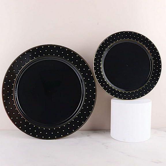 BalsaCircle 10 Black 10" Round Disposable Salad Plastic Plates Gold 3D Dots Trim Events Decorations Supplies