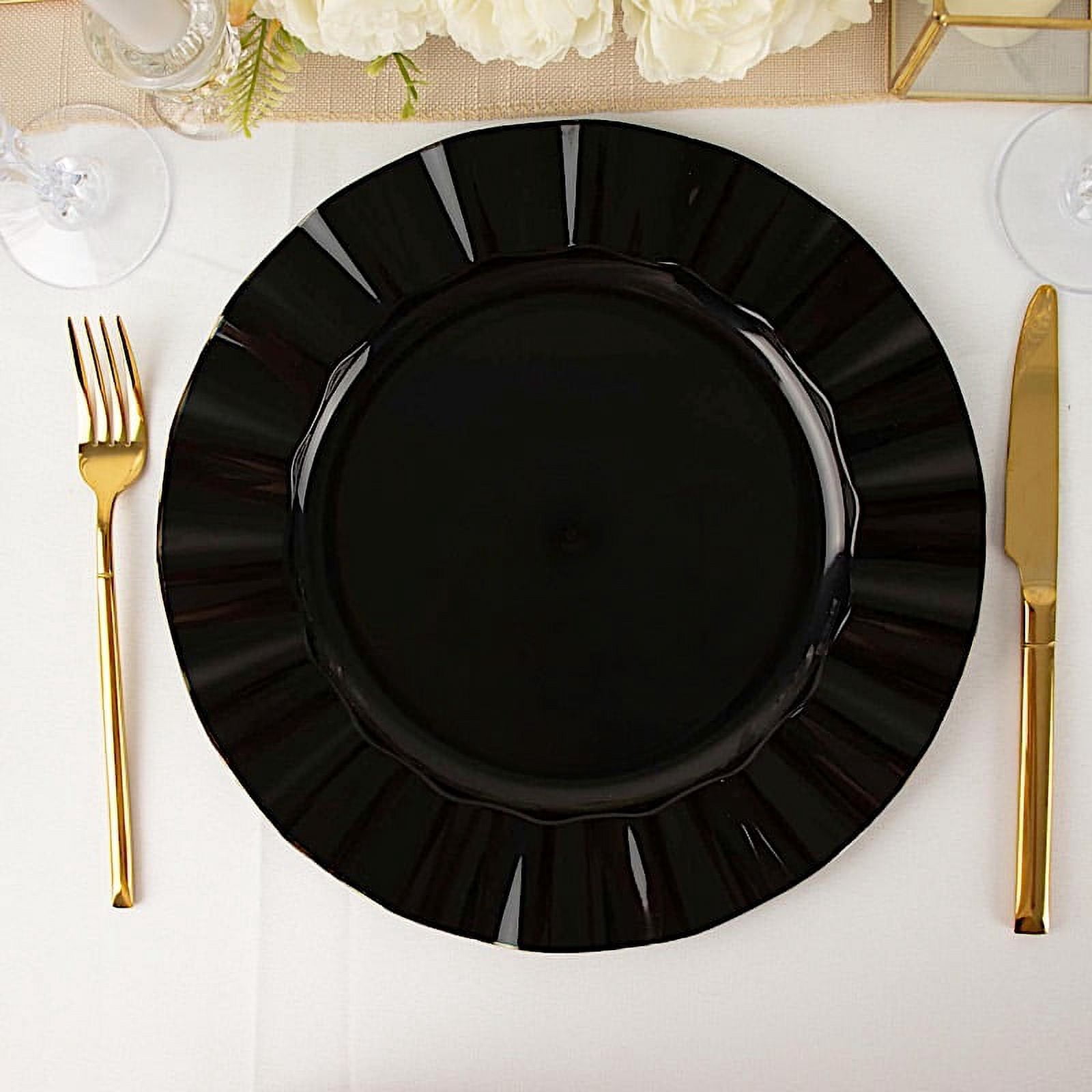 BalsaCircle 10 Black 11" Round Disposable Salad Dinner Plastic Plates Gold Wavy Trim Wedding Party Tableware