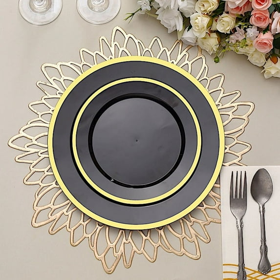 Balsa Circle 10 Black 7" Disposable Round Plastic Dessert Plates Gold Rim