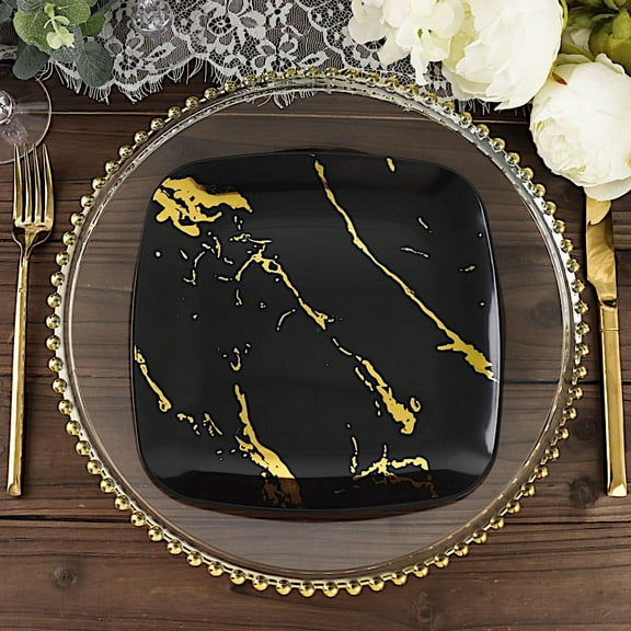 Balsa Circle 10 Black Gold Metallic Marble Square Disposable Salad Dinner Plastic Plates Party Events Tableware