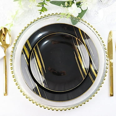 BalsaCircle 10 Black Gold Round Disposable Salad Dinner Plastic Plates Metallic Prints Party Events Tableware Decorations