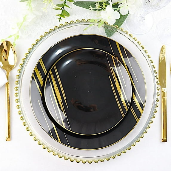 Balsa Circle 10 Black Gold Round Disposable Salad Dinner Plastic Plates Metallic Prints Party Events Tableware Decorations