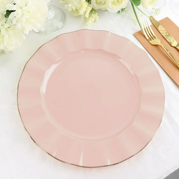 BalsaCircle 10 Blush 11" Round Disposable Salad Dinner Plastic Plates Gold Wavy Trim Wedding Party Tableware
