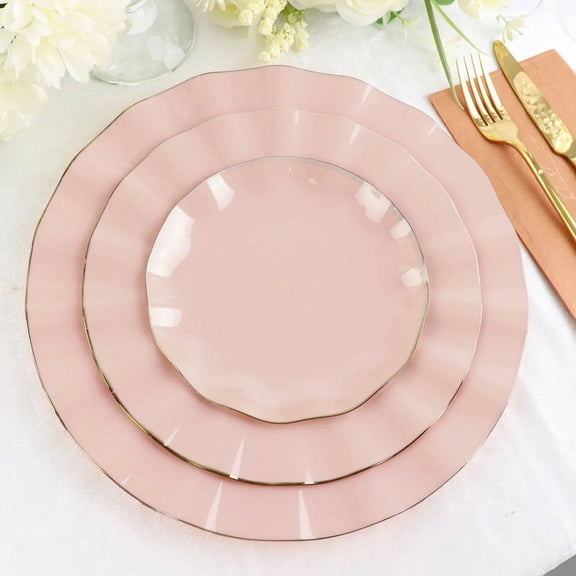 BalsaCircle 10 Blush 6" Round Disposable Salad Dinner Plastic Plates Gold Wavy Trim Wedding Party Tableware