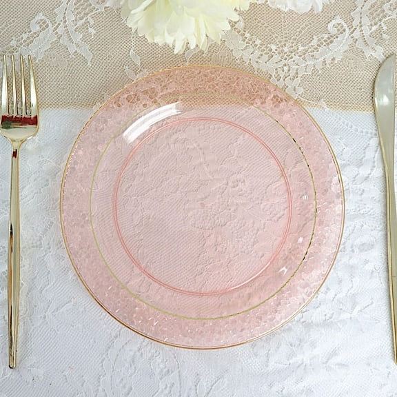 BalsaCircle 10 Blush 7.5" Round Plastic Salad Plates Gold Hammered Trim Disposable Tableware