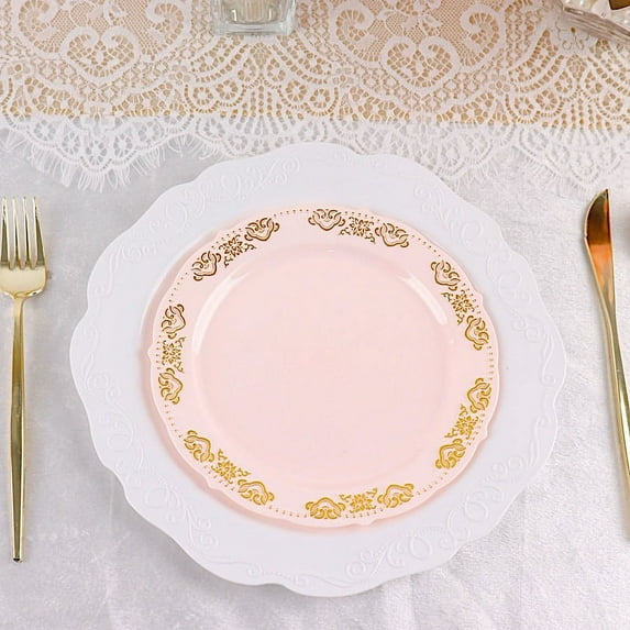 BalsaCircle 10 Blush 8" Plastic Disposable Salad Plates Gold Trim Wedding Party
