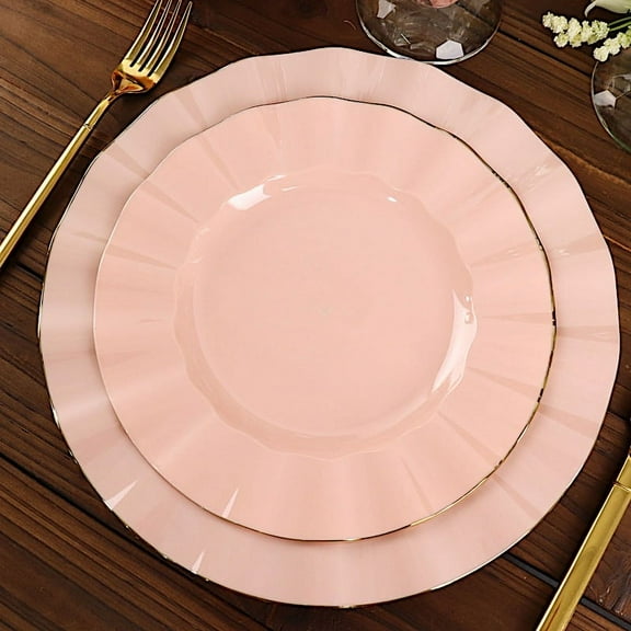 BalsaCircle 10 Blush 9" Round Disposable Salad Dinner Plastic Plates Gold Wavy Trim Wedding Party Tableware