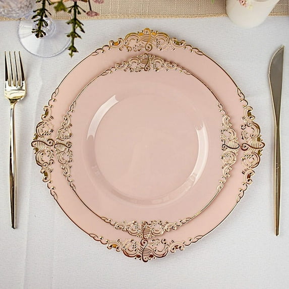 BalsaCircle 10 Blush Round 8" Disposable Plastic Salad Dinner Plates Gold Embossed Baroque Trim Party Events Decorations