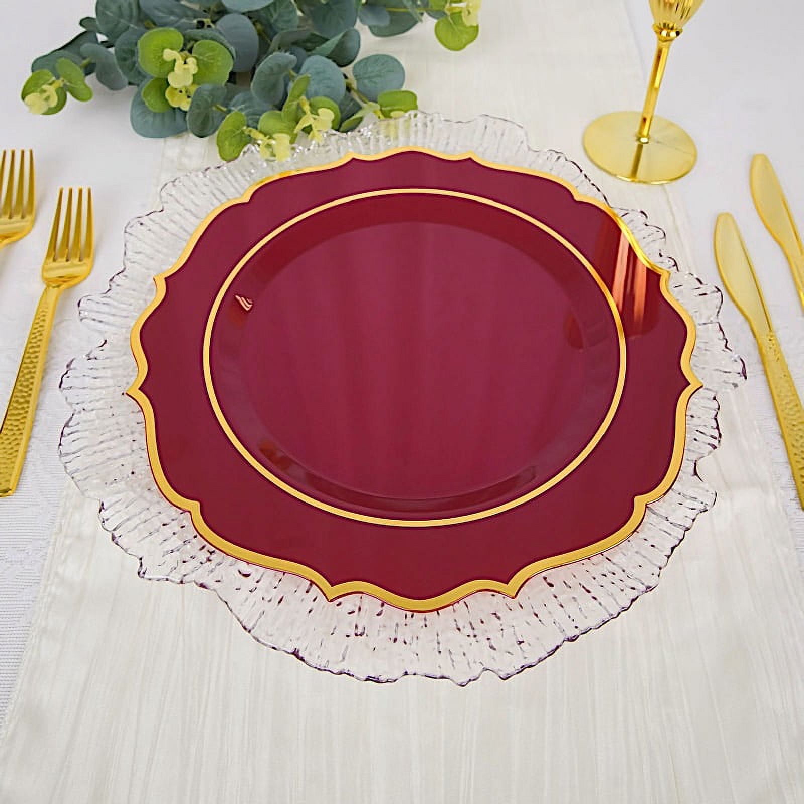 Balsacircle 10 Burgundy 10 5 Round Plastic Dinner Plates Gold Scalloped Rim