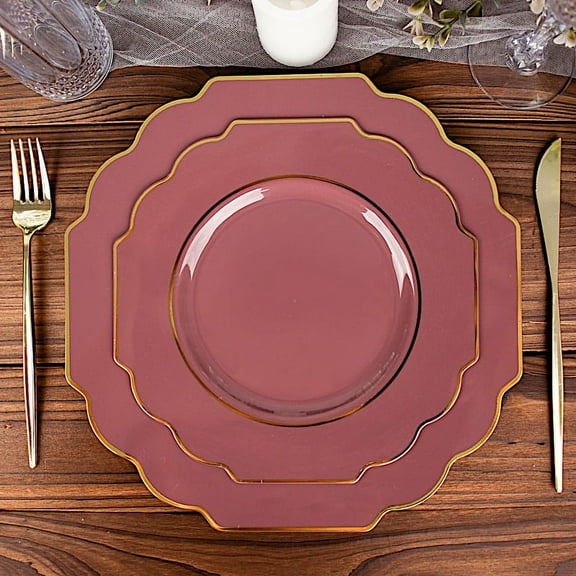 BalsaCircle 10 Cinnamon Rose 8" Disposable Baroque Plastic Dessert Plates Gold Rim