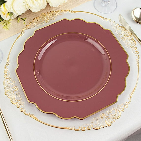 Balsa Circle 10 Cinnamon Rose Disposable Baroque Plastic 11" Dinner Plates Gold Rim Party Decorations