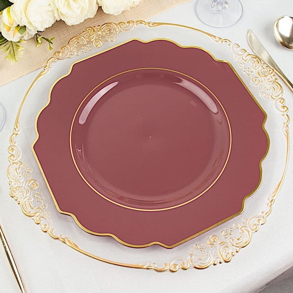 Balsa Circle 10 Cinnamon Rose Disposable Baroque Plastic 11" Dinner Plates Gold Rim Party Decorations