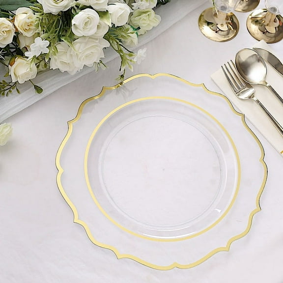 BalsaCircle 10 Clear 10.5" Round Plastic Dinner Plates Gold Scalloped Rim