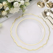 BalsaCircle 10 Clear 10.5 Round Plastic Dinner Plates Gold Scalloped Rim