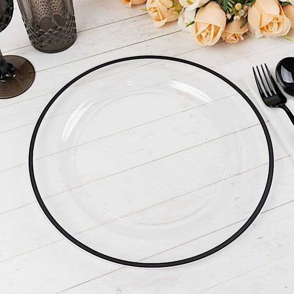 Balsa Circle 10 Clear 10" Disposable Round Plastic Dinner Plates Black Rim Party Tableware