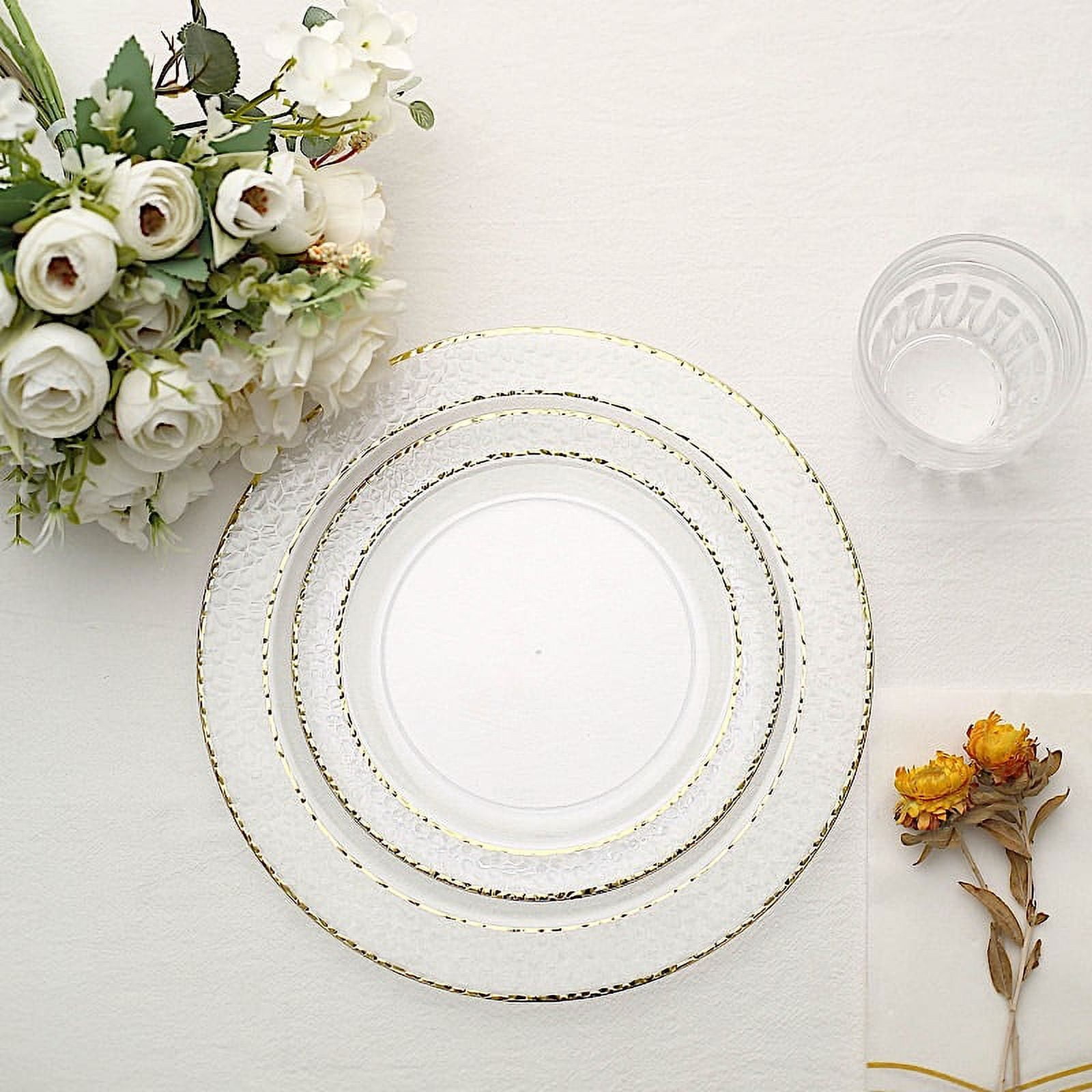 BalsaCircle 10 Clear 7.5" Round Plastic Salad Plates Gold Hammered Trim Disposable Tableware ...