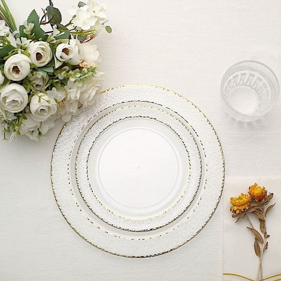 Balsa Circle 10 Clear 7.5" Round Plastic Salad Plates Gold Hammered Trim Disposable Tableware