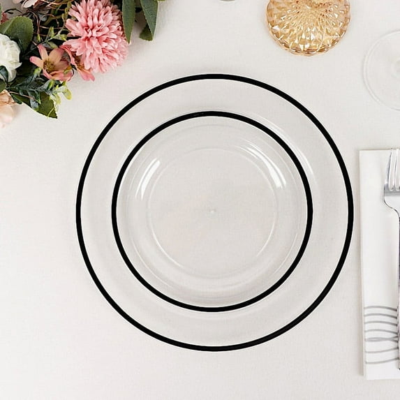 Balsa Circle 10 Clear 7" Disposable Round Plastic Dessert Plates Black Rim