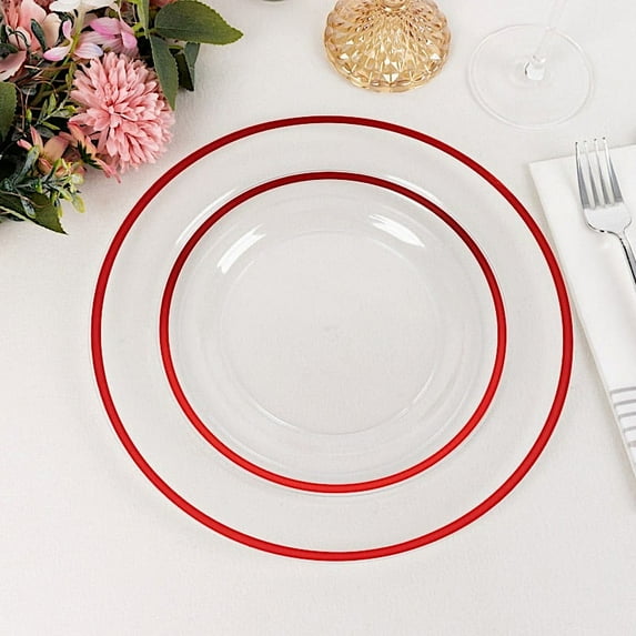 Balsa Circle 10 Clear 7" Disposable Round Plastic Dessert Plates Red Rim