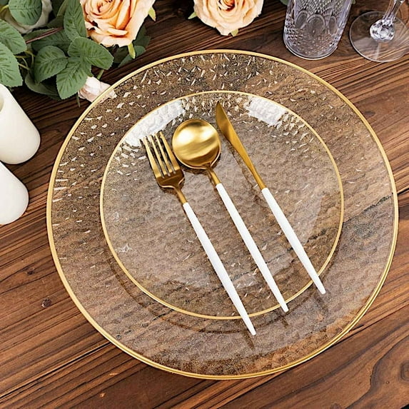 BalsaCircle 10 Clear 7" Round Hammered Disposable Salad Dinner Plastic Plates Glitter Gold Trim Party Tableware Decorations