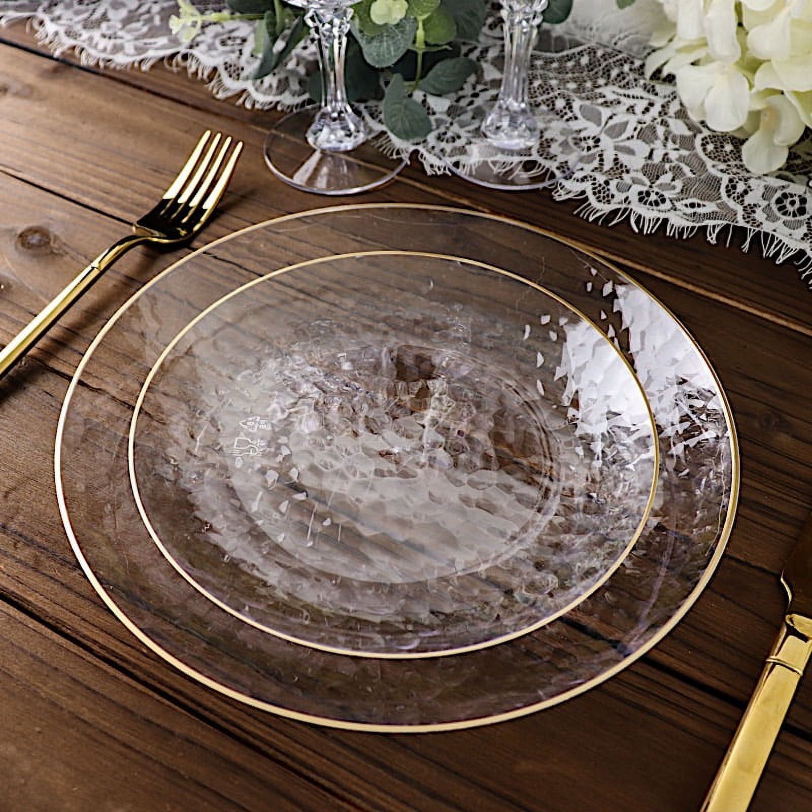 WDF 100pcs Clear Plastic Plates With Gold Trim - Baroque Clear Gold  Disposable Plates for Parties or Wedding - including 50PCS Dinner Plates  10.25inch and 50PCS Salad Plates 7.5inch Clear Gold 100 Pcs