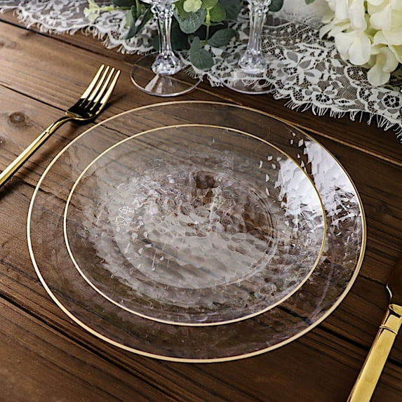 Balsa Circle 10 Clear 9" Round Hammered Disposable Salad Dinner Plastic Plates Gold Trim Party Tableware Decorations