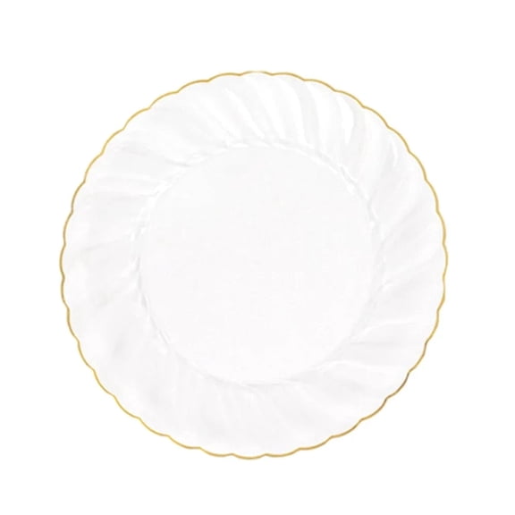 Balsa Circle 10 Clear Gold 10" Round Disposable Plastic Salad Dinner Plates Gold Swirl Design Trim Party Decorations