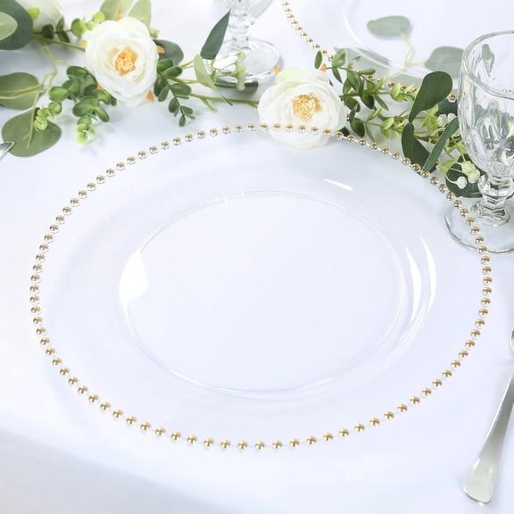 BalsaCircle 10 Clear Gold 13 in Round Plastic Charger Plates Beaded Rim Party Tableware Wedding Reception Event Decorations Supplies