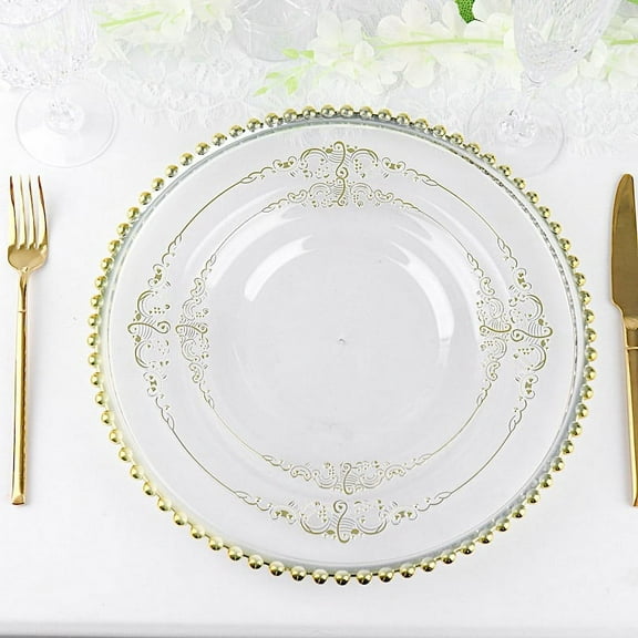 Balsa Circle 10 Clear Round 8" Disposable Plastic Salad Dinner Plates Gold Embossed Baroque Trim Party Events Decorations