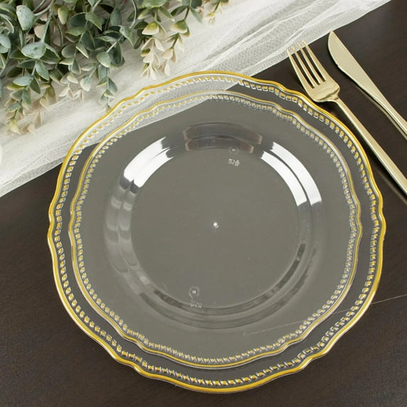 Balsa Circle 10 Clear Round 9" Disposable Plastic Dinner Plates Gold Scalloped Trim Party Events Tableware Decorations