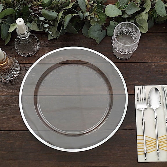 BalsaCircle 10 Clear Silver 12 in Round Heavy Duty Plastic Charger Plates Metallic Trim Party Events Decorations