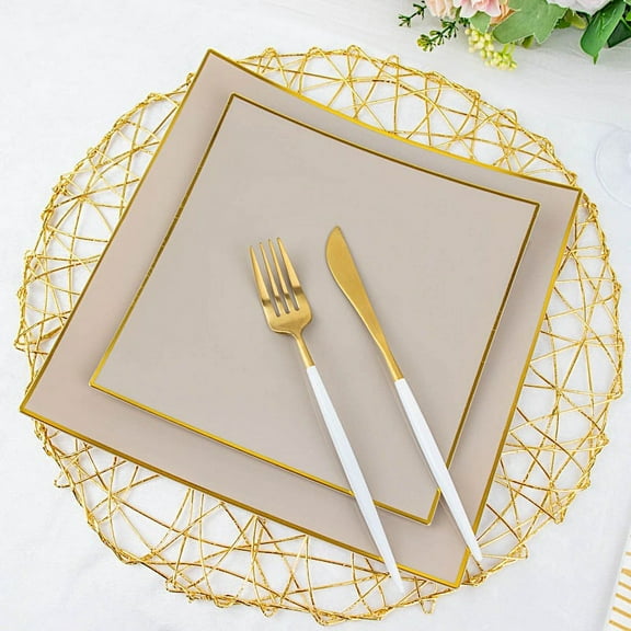 Balsa Circle 10 Concave Taupe 10" Square Disposable Salad Dinner Plastic Plates Gold Trim Party Events Decorations
