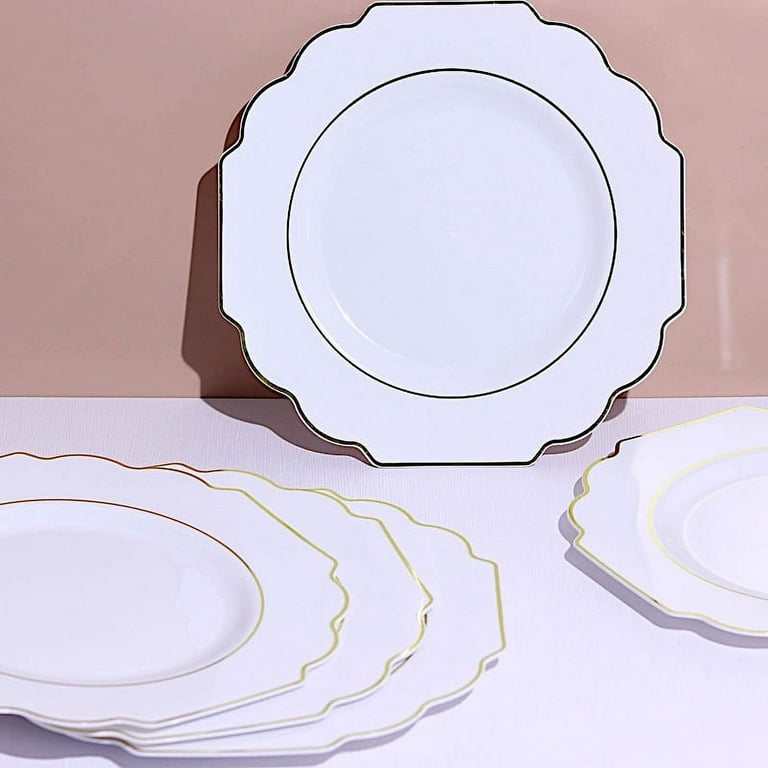 BalsaCircle 10 Disposable Baroque White Plastic 12 Dinner Plates Gold Rim  Party Decorations