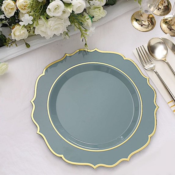 BalsaCircle 10 Dusty Blue 10.5" Round Plastic Dinner Plates Gold Scalloped Rim