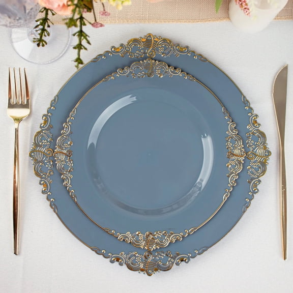 Balsa Circle 10 Dusty Blue Round 8" Disposable Plastic Salad Dinner Plates Gold Embossed Baroque Trim Party Events Decorations