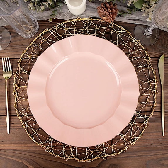 Balsa Circle 10 Dusty Rose 11" Round Disposable Salad Dinner Plastic Plates Gold Wavy Trim Wedding Party Tableware