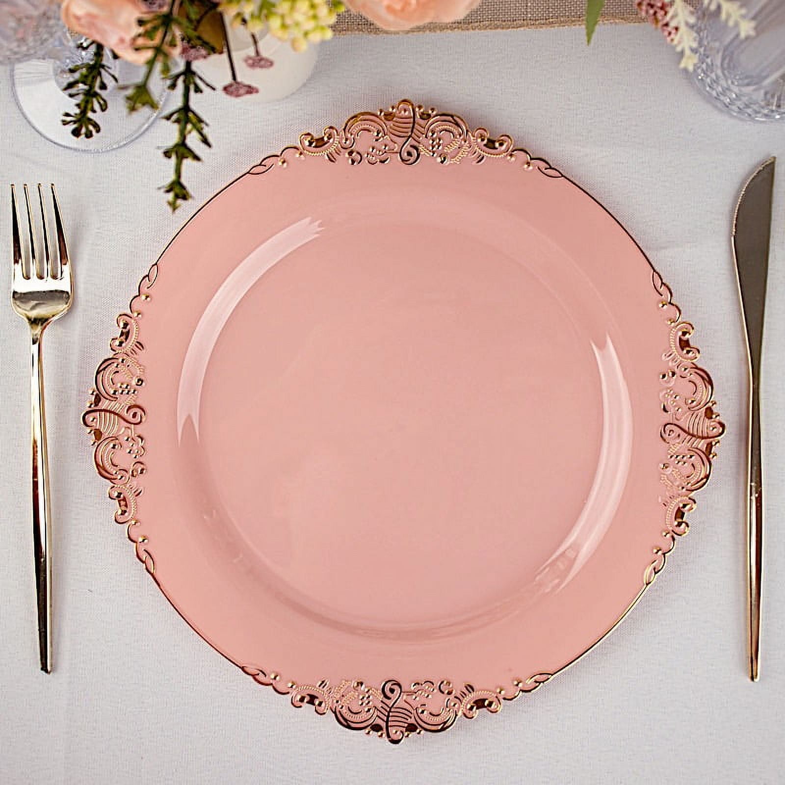 BalsaCircle 10 Dusty Rose Round 10" Disposable Plastic Salad Dinner Plates Gold Embossed Baroque ...