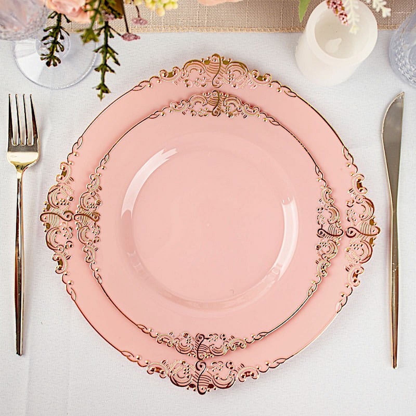 BalsaCircle 10 Dusty Rose Round 8" Disposable Plastic Salad Dinner Plates Gold Embossed Baroque ...