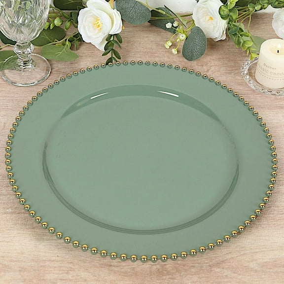 BalsaCircle 10 Dusty Sage Gold 13 in Round Plastic Charger Plates Beaded Rim Party Tableware Wedding Reception Decorations Supplies