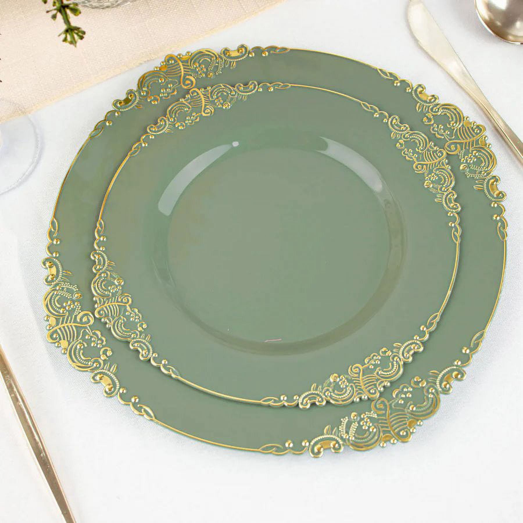 BalsaCircle 10 Dusty Sage Round 8" Disposable Plastic Salad Dinner Plates Gold Embossed Baroque ...