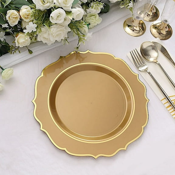 BalsaCircle 10 Gold 10.5" Round Plastic Dinner Plates Gold Scalloped Rim