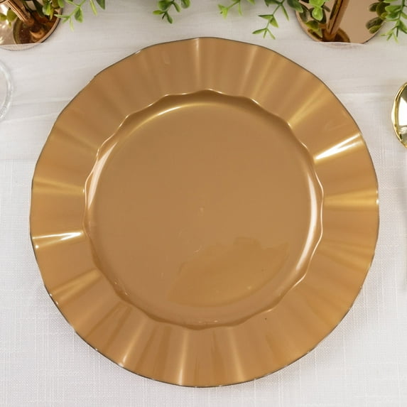 Balsa Circle 10 Gold 11" Round Disposable Salad Dinner Plastic Plates Gold Wavy Trim Wedding Party Tableware