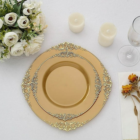 BalsaCircle 10 Gold Round 8" Disposable Plastic Salad Dinner Plates Gold Embossed Baroque Trim Party Events Decorations