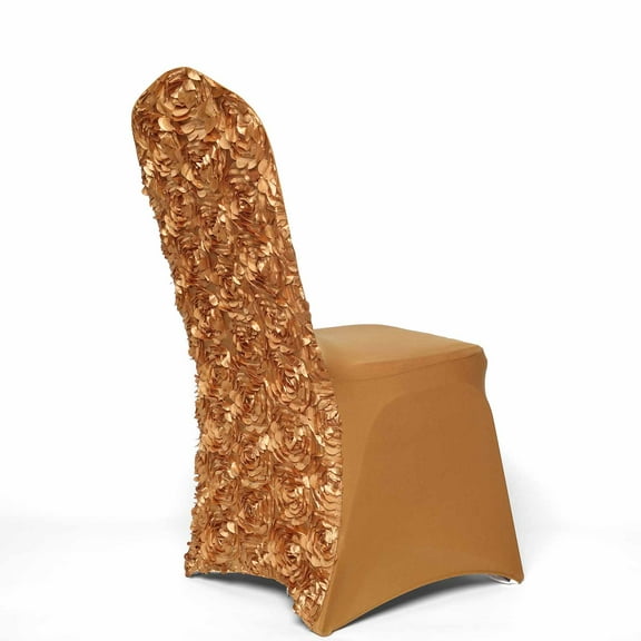 Balsa Circle 10 Gold Satin Raised Roses Spandex Stretchable Banquet Solid Chair Covers Slipcovers