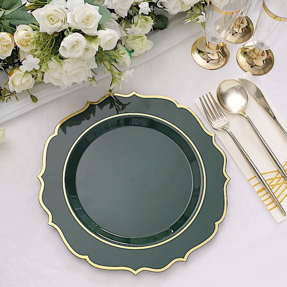 BalsaCircle 10 Hunter Green 10.5" Round Plastic Dinner Plates Gold Scalloped Rim