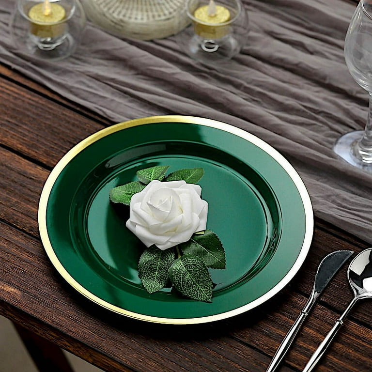 BalsaCircle 10 Hunter Green 10 Disposable Round Plastic Dinner Plates Gold  Rim Party Tableware