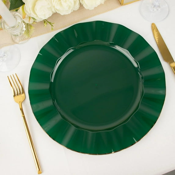 Balsa Circle 10 Hunter Green 11" Round Disposable Salad Dinner Plastic Plates Gold Wavy Trim Wedding Party Tableware