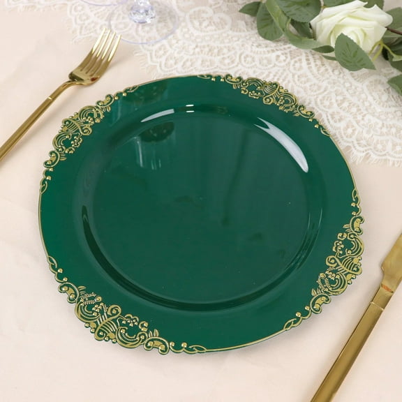 BalsaCircle 10 Hunter Green Round 10" Disposable Plastic Salad Dinner Plates Gold Embossed Baroque Trim Party Events Decorations