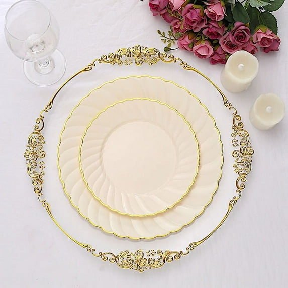 Balsa Circle 10 Ivory 8" Round Disposable Plastic Salad Dinner Plates Gold Swirl Design Trim Party Decorations