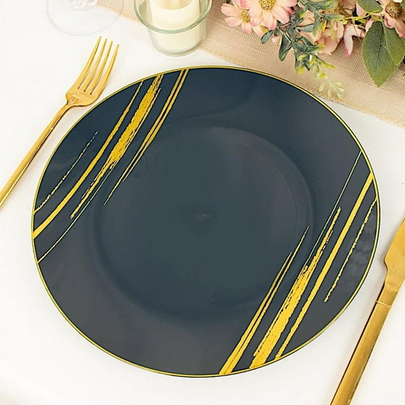 BalsaCircle 10 Navy Blue Gold Round 10" Disposable Salad Dinner Plastic Plates Metallic Prints Party Events Tableware